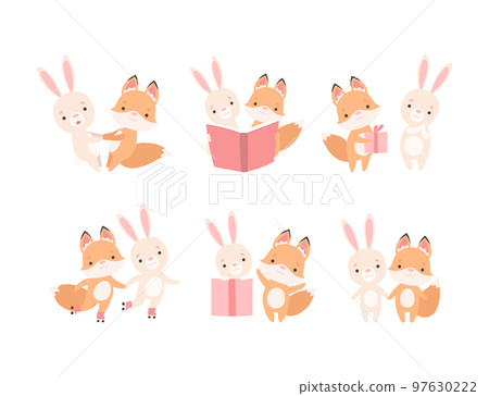 Pretty Little Bunny and Fox Cub Playing Together as Best Friends Vector Set Pretty Little Bunny and Fox Cub Playing Together as Best Friends Vector Set 97630222