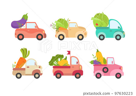 Cute Trucks and Cars Delivering Fresh Vegetables from Garden Vector Set Cute Trucks and Cars Delivering Fresh Vegetables from Garden Vector Set 97630223