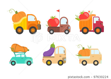 Cute Trucks and Cars Delivering Fresh Vegetables from Garden Vector Set Cute Trucks and Cars Delivering Fresh Vegetables from Garden Vector Set 97630224