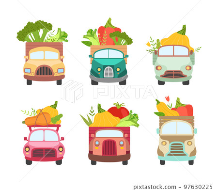 Cute Trucks and Cars Delivering Fresh Vegetables from Garden Vector Set Cute Trucks and Cars Delivering Fresh Vegetables from Garden Vector Set 97630225