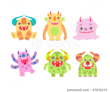 Funny Toothy Monsters with Horns and Open Mouth Vector Set Funny Toothy Monsters with Horns and Open Mouth Vector Set 97630235
