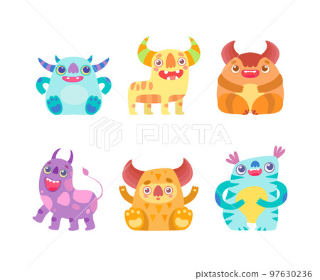 Funny Toothy Monsters with Horns and Open Mouth Vector Set Funny Toothy Monsters with Horns and Open Mouth Vector Set 97630236