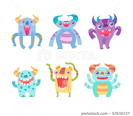 Funny Toothy Monsters with Horns and Open Mouth Vector Set Funny Toothy Monsters with Horns and Open Mouth Vector Set 97630237