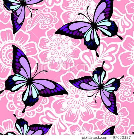 seamless pink and white floral graphic pattern with purple butterflies, texture, design seamless pink and white floral graphic pattern with purple butterflies, texture, design 97630327