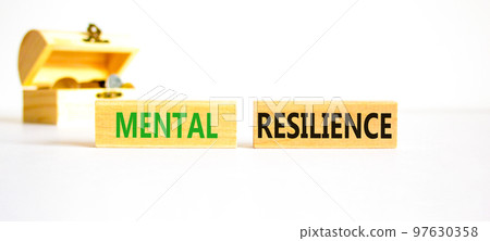 Mental resilience symbol. Concept word Mental resilience on wooden blocks. Beautiful white table white background. Wooden chest with coins. Business psychological mental resilience concept. Copy space Mental resilience symbol. Concept word Mental resilience on wooden blocks. Beautiful white table white background. Wooden chest with coins. Business psychological mental resilience concept. Copy space 97630358
