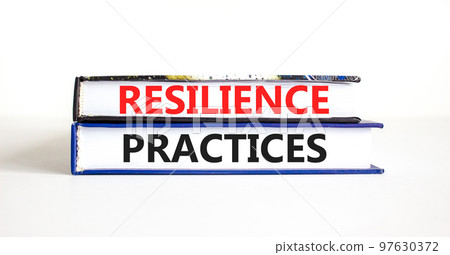 Resilience practices symbol. Concept word Resilience practices typed books. Beautiful white table white background. Business and resilience practices concept. Copy space. 97630372