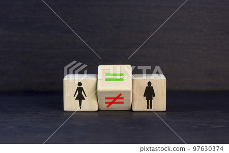 Symbol for gender equality. Turned a cube and changed a unequal sign to a equal sign between symbols of men and women. Beautiful black table black background, copy space. Gender equality concept. Symbol for gender equality. Turned a cube and changed a unequal sign to a equal sign between symbols of men and women. Beautiful black table black background, copy space. Gender equality concept. 97630374