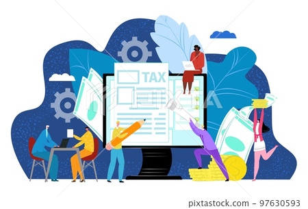 Tax at computer, business people look at online financial report concept vector illustration. Flat finance accounting, man woman character 97630593