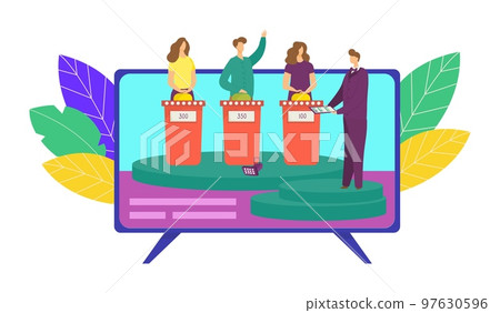 Person at tv show, television entertainment concept vector illustration. Man woman cartoon character at quiz, trivia test question design. Person at tv show, television entertainment concept vector illustration. Man woman cartoon character at quiz, trivia test question design. 97630596
