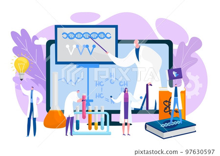Science education with flat device technology, vector illustration. Online learning, researching with digital book concept. Science education with flat device technology, vector illustration. Online learning, researching with digital book concept. 97630597