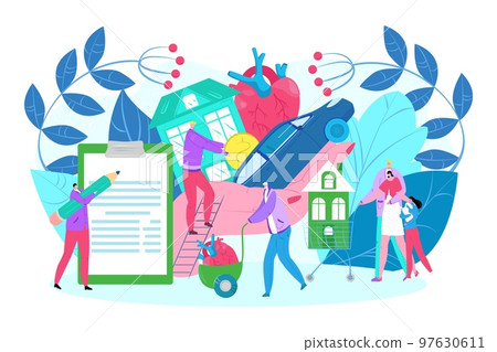 Life and property protection insurance care, people with house vector illustration. Safety concept for flat family home, business security policy. Life and property protection insurance care, people with house vector illustration. Safety concept for flat family home, business security policy. 97630611