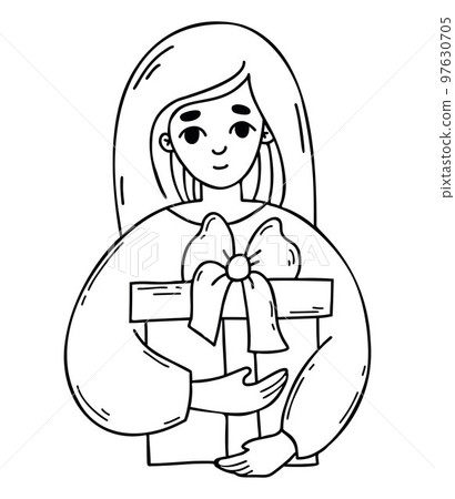 Cute girl with big gift box. Vector linear hand drawn doodle. Female character for design of holiday themes. 97630705
