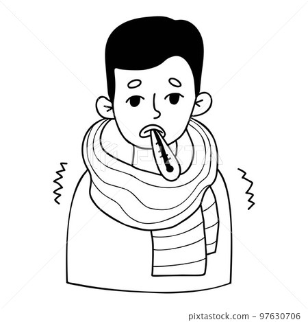 Frozen, sick guy, wrapped in scarf, with thermometer. Vector Outline illustration in doodle style. Male character concept of cold season, colds and treatment. Frozen, sick guy, wrapped in scarf, with thermometer. Vector Outline illustration in doodle style. Male character concept of cold season, colds and treatment. 97630706