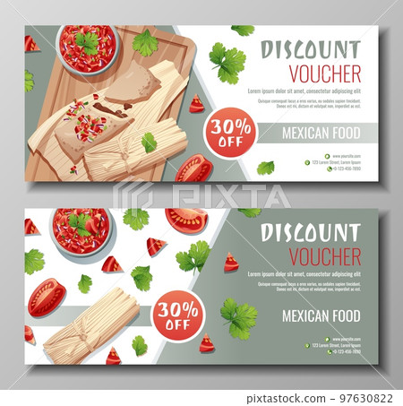 Discount voucher, mexican food template design. Coupon set with tamales and salsa sauce. Banner, poster, flyer, advertising for a restaurant Discount voucher, mexican food template design. Coupon set with tamales and salsa sauce. Banner, poster, flyer, advertising for a restaurant 97630822