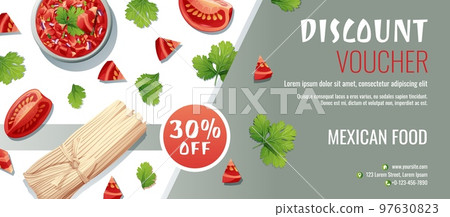 Discount voucher, mexican food template design. Coupon with tamales and salsa sauce. Banner, poster, flyer, advertising for a restaurant Discount voucher, mexican food template design. Coupon with tamales and salsa sauce. Banner, poster, flyer, advertising for a restaurant 97630823