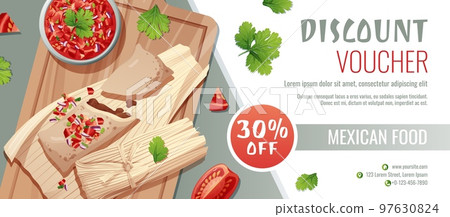 Discount voucher, mexican food template design. Coupon with tamales and salsa sauce. Banner, poster, flyer, advertising for a restaurant Discount voucher, mexican food template design. Coupon with tamales and salsa sauce. Banner, poster, flyer, advertising for a restaurant 97630824