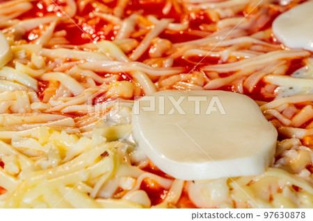Uncooked Pizza Margherita in electric oven: close up 97630878