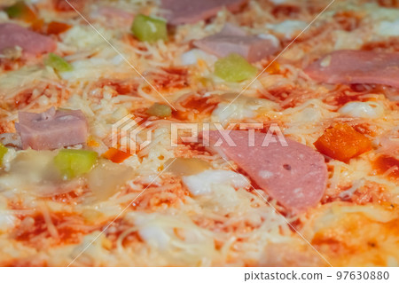 Uncooked homemade pizza in electric oven: close up Uncooked homemade pizza in electric oven: close up 97630880