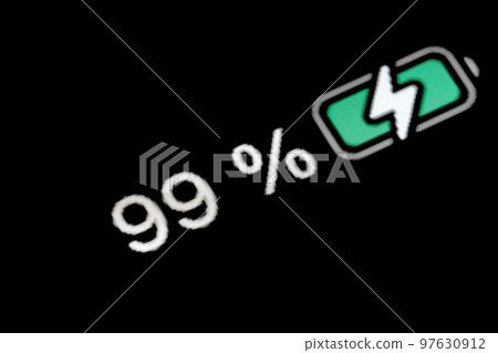 Battery level indicator charging process - white number: ninety-nine, 99 percent Battery level indicator charging process - white number: ninety-nine, 99 percent 97630912