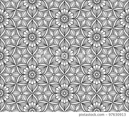 Abstract flower seamless pattern. Floral geometric hexagonal ornament. Black and white limitless background. Endless stylish graphic modern repeat pattern. Fashion monochrome lattice mosaic Abstract flower seamless pattern. Floral geometric hexagonal ornament. Black and white limitless background. Endless stylish graphic modern repeat pattern. Fashion monochrome lattice mosaic 97630913