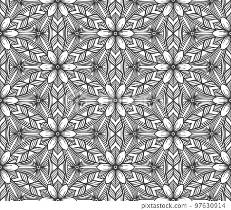 Floral seamless pattern. Repeat hand drawn abstract flower buds. Botanical black lace background. Flat fashion summer garden textile texture. Retro spring elegant monochrome geometric wallpaper Floral seamless pattern. Repeat hand drawn abstract flower buds. Botanical black lace background. Flat fashion summer garden textile texture. Retro spring elegant monochrome geometric wallpaper 97630914