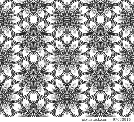 Abstract flower seamless pattern. Floral geometric hexagonal ornament. Black and white limitless background. Endless stylish graphic modern repeat pattern. Fashion monochrome lattice mosaic 97630916