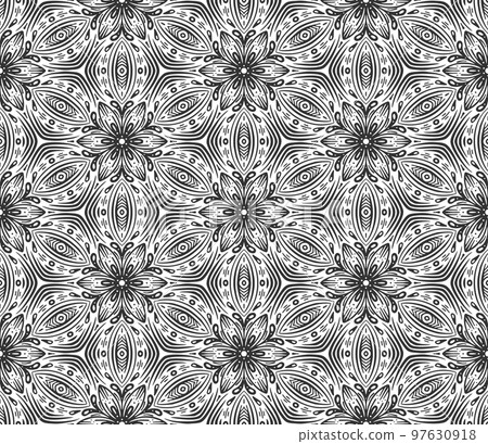 Abstract flower seamless pattern. Floral geometric hexagonal ornament. Black and white limitless background. Endless stylish graphic modern repeat pattern. Fashion monochrome lattice mosaic 97630918