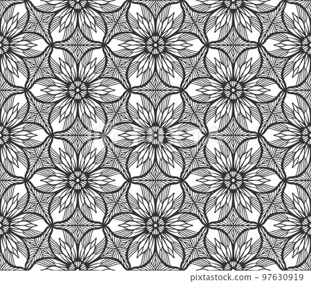 Seamless monochrome foliage pattern. Vintage black flower fabric background. Decorative flat geometric retro design. Regular floral elegant petals backdrop. Botanical stylish wrapping paper ornament 97630919