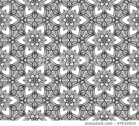 Flower lace seamless pattern. Modern floral hand drawn abstract botanical ornament. Retro black fashion backdrop. Flat decorative plant textile texture. Endless vintage monochrome geometric wallpaper Flower lace seamless pattern. Modern floral hand drawn abstract botanical ornament. Retro black fashion backdrop. Flat decorative plant textile texture. Endless vintage monochrome geometric wallpaper 97630920