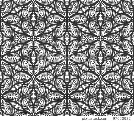 Seamless geometric flower pattern. Vintage black turkish fabric background. Decorative flat geometric arabian retro design. Regular floral elegant petals backdrop. Botanical wrapping paper ornament Seamless geometric flower pattern. Vintage black turkish fabric background. Decorative flat geometric arabian retro design. Regular floral elegant petals backdrop. Botanical wrapping paper ornament 97630922