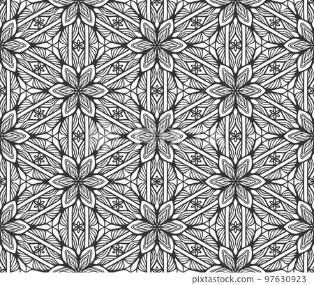 Abstract flower seamless pattern. Floral geometric hexagonal ornament. Black and white limitless background. Endless stylish graphic modern repeat pattern. Fashion monochrome lattice mosaic 97630923