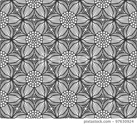 Seamless monochrome foliage pattern. Vintage black flower fabric background. Decorative flat geometric retro design. Regular floral elegant petals backdrop. Botanical stylish wrapping paper ornament 97630924