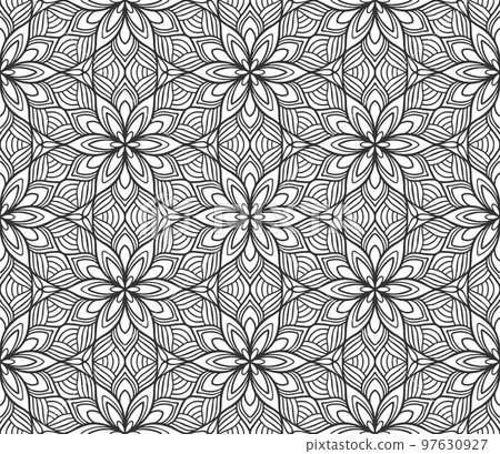 Retro abstract flower seamless pattern. Wrapping paper flat botanical design. Textile herbal ornament. Monochrome ornate background. Lace elegant fabric decor. Vintage geometric foliage backdrop Retro abstract flower seamless pattern. Wrapping paper flat botanical design. Textile herbal ornament. Monochrome ornate background. Lace elegant fabric decor. Vintage geometric foliage backdrop 97630927