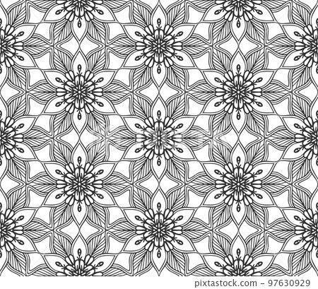 Flower lace seamless pattern. Modern floral hand drawn abstract botanical ornament. Retro black fashion backdrop. Flat decorative plant textile texture. Endless vintage monochrome geometric wallpaper 97630929
