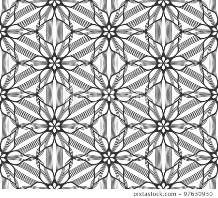 Lace flower bud seamless pattern. Floral line art repeat tile. Endless flat retro fabric background. Decorative plant summer textile print design. Ornate geometric ornament. Fashion botanical carpet 97630930
