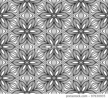Floral seamless pattern. Repeat hand drawn abstract flower buds. Botanical black lace background. Flat fashion summer garden textile texture. Retro spring elegant monochrome geometric wallpaper 97630935