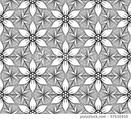 Retro abstract flower seamless pattern. Wrapping paper flat botanical design. Textile herbal ornament. Monochrome ornate background. Lace elegant fabric decor. Vintage geometric foliage backdrop Retro abstract flower seamless pattern. Wrapping paper flat botanical design. Textile herbal ornament. Monochrome ornate background. Lace elegant fabric decor. Vintage geometric foliage backdrop 97630938