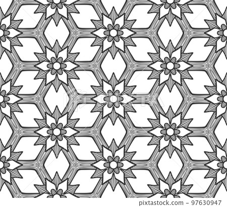 Retro abstract flower seamless pattern. Wrapping paper flat botanical design. Textile herbal ornament. Monochrome ornate background. Lace elegant fabric decor. Vintage geometric foliage backdrop Retro abstract flower seamless pattern. Wrapping paper flat botanical design. Textile herbal ornament. Monochrome ornate background. Lace elegant fabric decor. Vintage geometric foliage backdrop 97630947