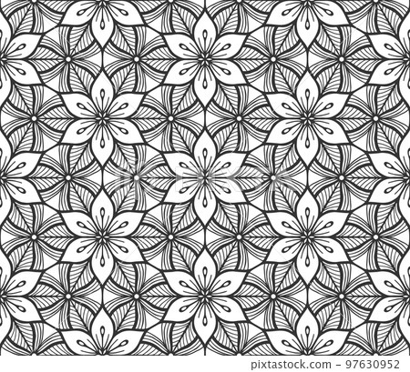 Flower lace seamless pattern. Modern floral hand drawn abstract botanical ornament. Retro black fashion backdrop. Flat decorative plant textile texture. Endless vintage monochrome geometric wallpaper 97630952