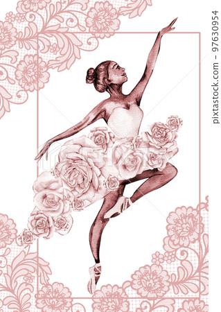 Hand drawn watercolor card template dancing ballerina with flower and lace. Pink pretty ballerina. Watercolor hand drawn illustration. Pictures for poster, invitation, postcard, background and posters 97630954