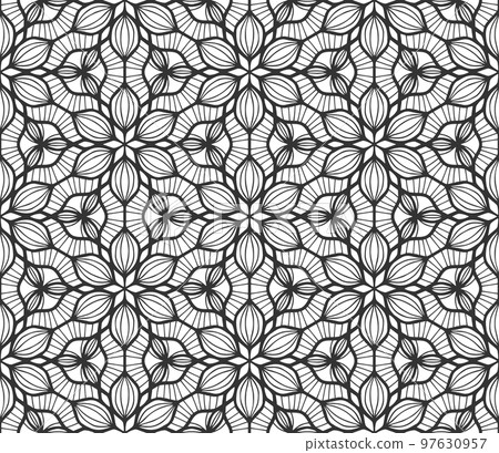 Flower seamless pattern. Endless hand drawn abstract floral carpet. Retro black lace fabric backdrop. Modern flat fashion spring plant textile texture. Vintage elegant wallpaper packaging paper print 97630957