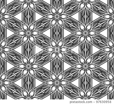 Abstract black geometric floral seamless pattern. Trendy ornate shape fabric print texture. Fashion retro style flower carpet ornament tile vintage decorative hexagonal monochrome wallpaper background 97630958
