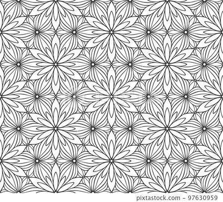 Retro abstract flower seamless pattern. Wrapping paper flat botanical design. Textile herbal ornament. Monochrome ornate background. Lace elegant fabric decor. Vintage geometric foliage backdrop 97630959