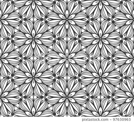Abstract black geometric floral seamless pattern. Trendy ornate shape fabric print texture. Fashion retro style flower carpet ornament tile vintage decorative hexagonal monochrome wallpaper background Abstract black geometric floral seamless pattern. Trendy ornate shape fabric print texture. Fashion retro style flower carpet ornament tile vintage decorative hexagonal monochrome wallpaper background 97630963