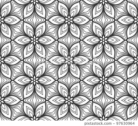 Seamless geometric flower pattern. Decorative black flower fabric background. Vintage flat geometric retro design. Regular floral elegant petals backdrop. Botanical stylish wrapping paper ornament Seamless geometric flower pattern. Decorative black flower fabric background. Vintage flat geometric retro design. Regular floral elegant petals backdrop. Botanical stylish wrapping paper ornament 97630964