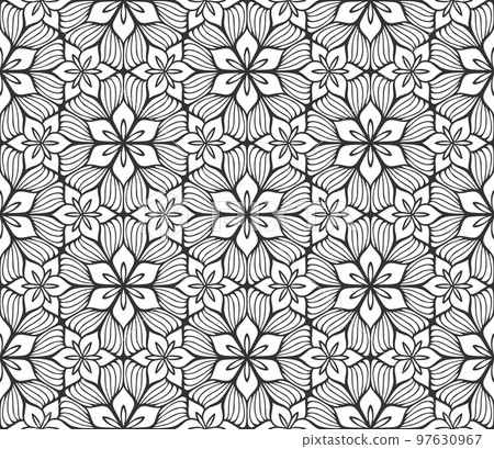 Retro abstract flower seamless pattern. Wrapping paper flat botanical design. Textile herbal ornament. Monochrome ornate background. Lace elegant fabric decor. Vintage geometric foliage backdrop 97630967