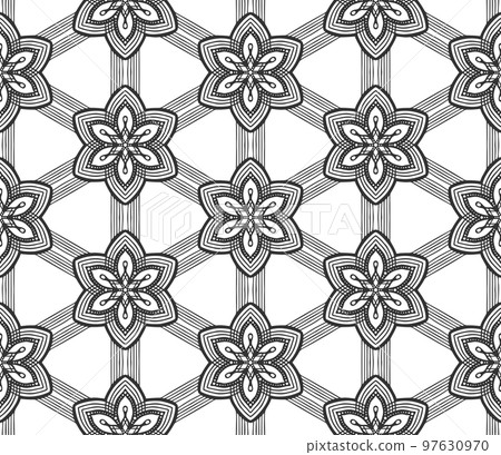 Flower seamless pattern. Endless hand drawn abstract floral carpet. Retro black lace fabric backdrop. Modern flat fashion spring plant textile texture. Vintage elegant wallpaper packaging paper print 97630970