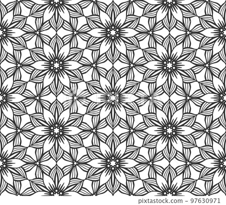 Retro abstract flower seamless pattern. Wrapping paper flat botanical design. Textile herbal ornament. Monochrome ornate background. Lace elegant fabric decor. Vintage geometric foliage backdrop Retro abstract flower seamless pattern. Wrapping paper flat botanical design. Textile herbal ornament. Monochrome ornate background. Lace elegant fabric decor. Vintage geometric foliage backdrop 97630971