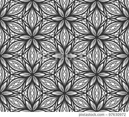 Lace flower bud seamless pattern. Floral line art repeat tile. Endless flat retro fabric background. Decorative plant summer textile print design. Ornate geometric ornament. Fashion botanical carpet 97630972