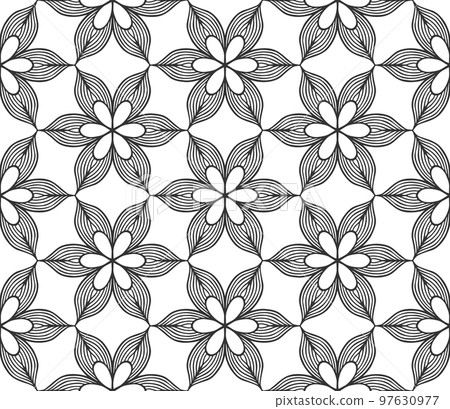 Retro abstract flower seamless pattern. Wrapping paper flat botanical design. Textile herbal ornament. Monochrome ornate background. Lace elegant fabric decor. Vintage geometric foliage backdrop 97630977